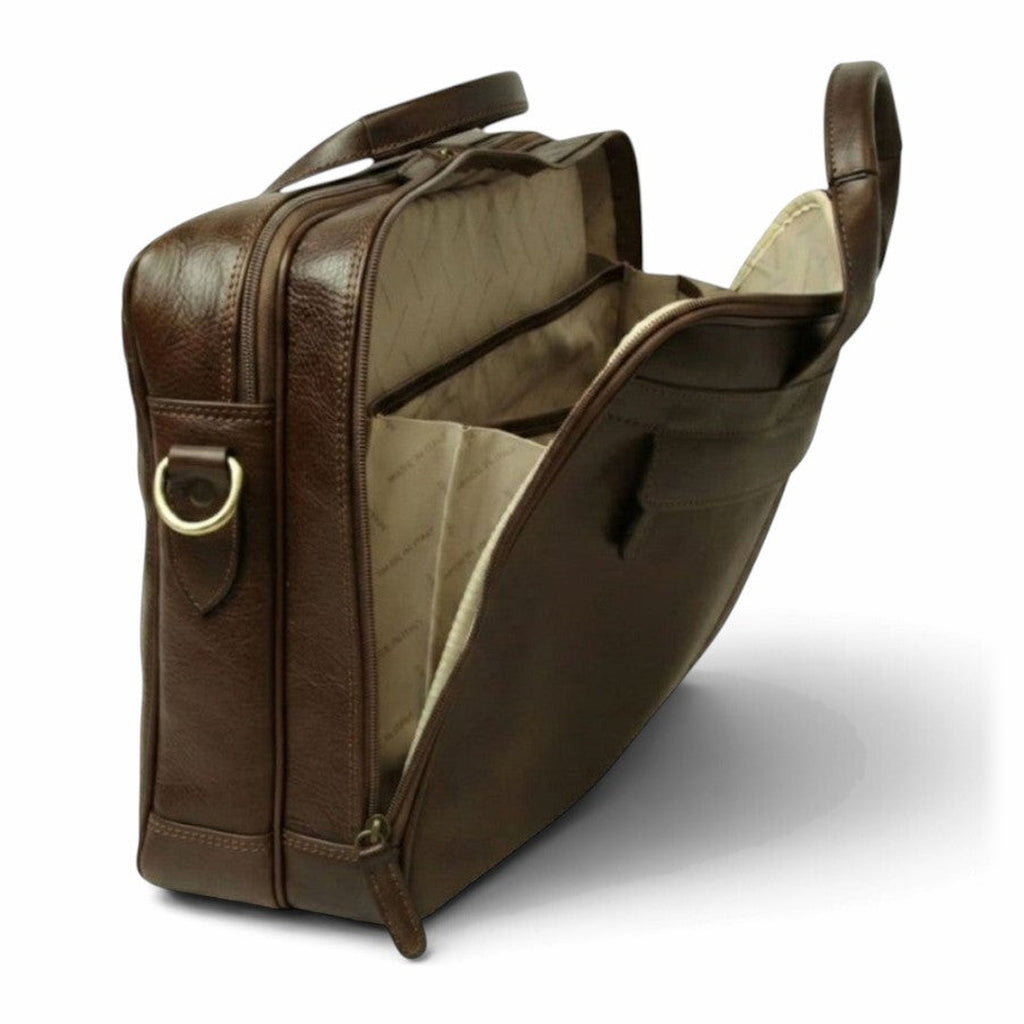 Cartella per laptop Vetrina Fiorentina in pelle di vitello pieno fiore color testa di moro con scomparti interni