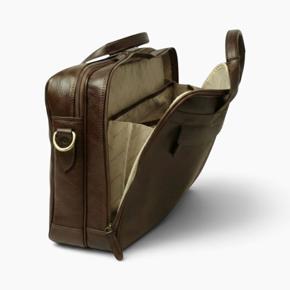 Cartella per laptop Vetrina Fiorentina in pelle di vitello pieno fiore color testa di moro con scomparti interni
