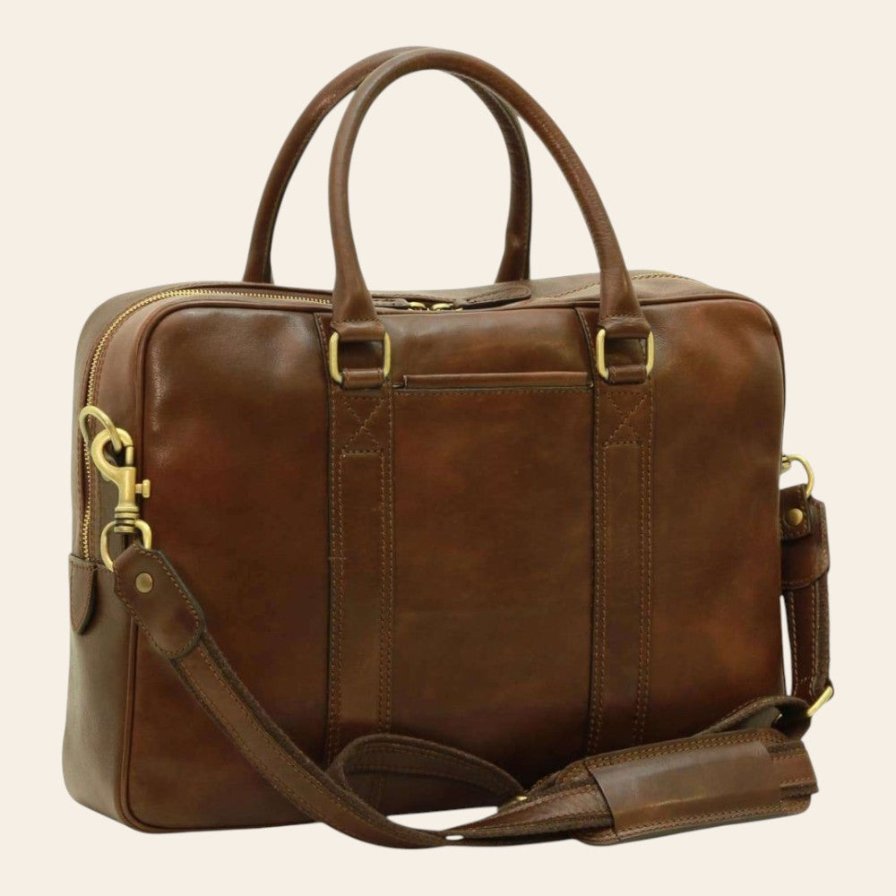 Cartella Vetrina Fiorentina in pelle marrone scuro con due manici, tracolla e dettagli in ottone per laptop 13 pollici
