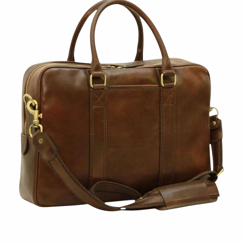 Cartella Vetrina Fiorentina in pelle marrone scuro con due manici, tracolla e dettagli in ottone per laptop 13 pollici