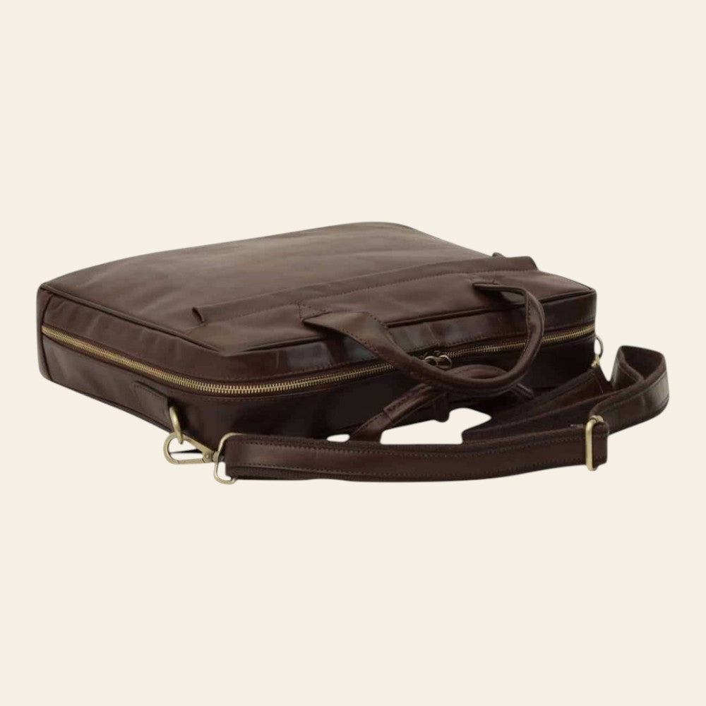 Cartella Vetrina Fiorentina in pelle marrone scuro con chiusura a zip, manici e tracolla regolabile