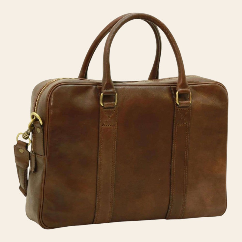 Cartella Vetrina Fiorentina in pelle marrone scuro con due manici e dettagli in ottone per laptop 13 pollici