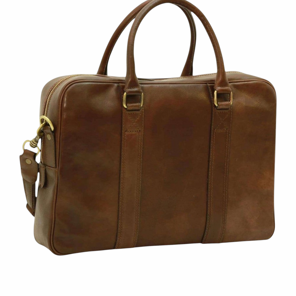 Cartella Vetrina Fiorentina in pelle marrone scuro con due manici e dettagli in ottone per laptop 13 pollici