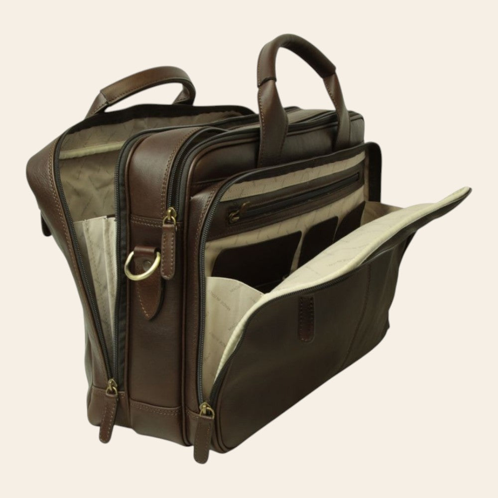 Cartella porta computer Vetrina Fiorentina in pelle pieno fiore marrone scuro con scomparti organizzati e tracolla