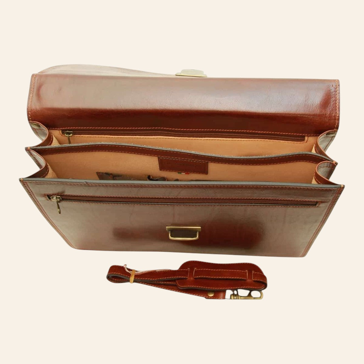 Cartella Vetrina Fiorentina in vacchetta pieno fiore marrone con scomparti interni, tasche e tracolla in pelle