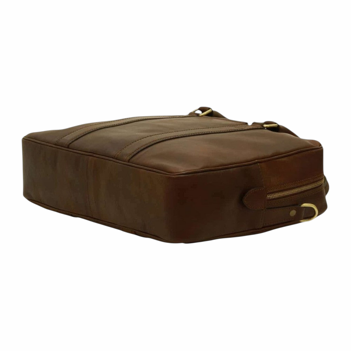 Cartella Vetrina Fiorentina in pelle marrone scuro con dettagli in ottone, vista laterale della borsa da lavoro