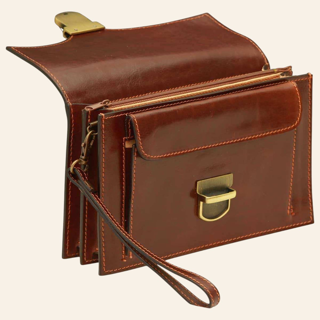 Clutch Vetrina Fiorentina in pelle pieno fiore marrone con chiusura a chiave, manico staccabile e scomparti interni