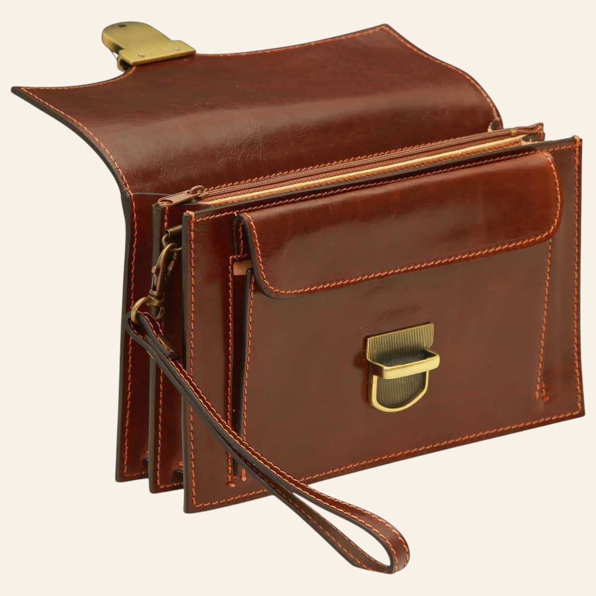Clutch Vetrina Fiorentina in pelle pieno fiore marrone con chiusura a chiave, manico staccabile e scomparti interni