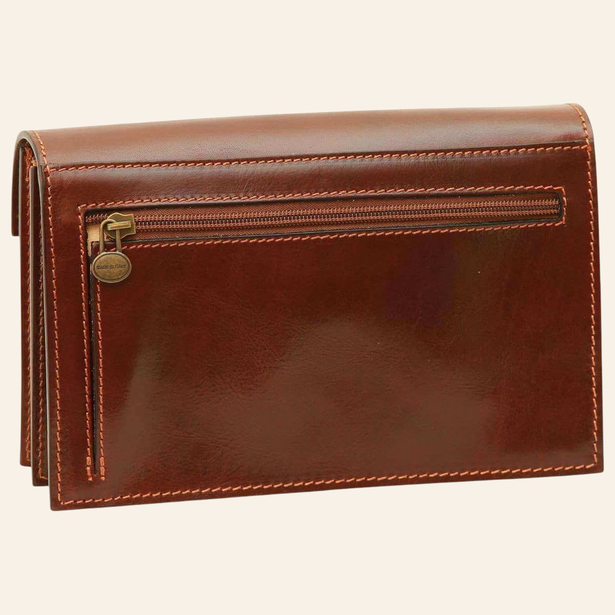 Clutch Vetrina Fiorentina in pelle pieno fiore marrone con tasca posteriore con cerniera e dettagli artigianali