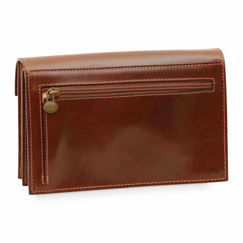 Clutch Vetrina Fiorentina in pelle pieno fiore marrone con tasca posteriore con cerniera e dettagli artigianali
