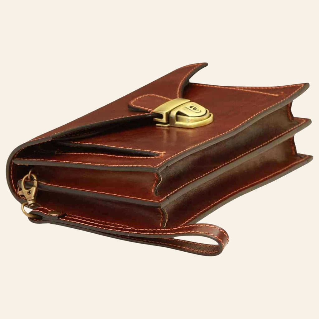 Clutch Vetrina Fiorentina in pelle di vitello pieno fiore marrone con chiusura a chiave e manico staccabile