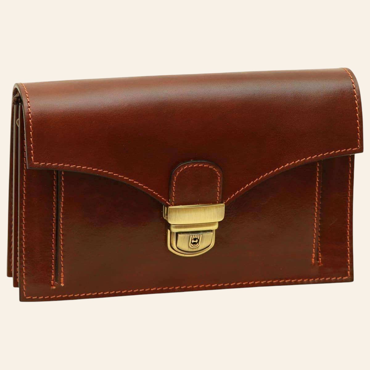 Clutch Vetrina Fiorentina in pelle pieno fiore marrone con chiusura a chiave in metallo, design artigianale italiano