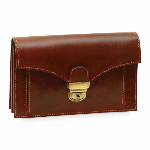 Clutch Vetrina Fiorentina in pelle pieno fiore marrone con chiusura a chiave in metallo, design artigianale italiano