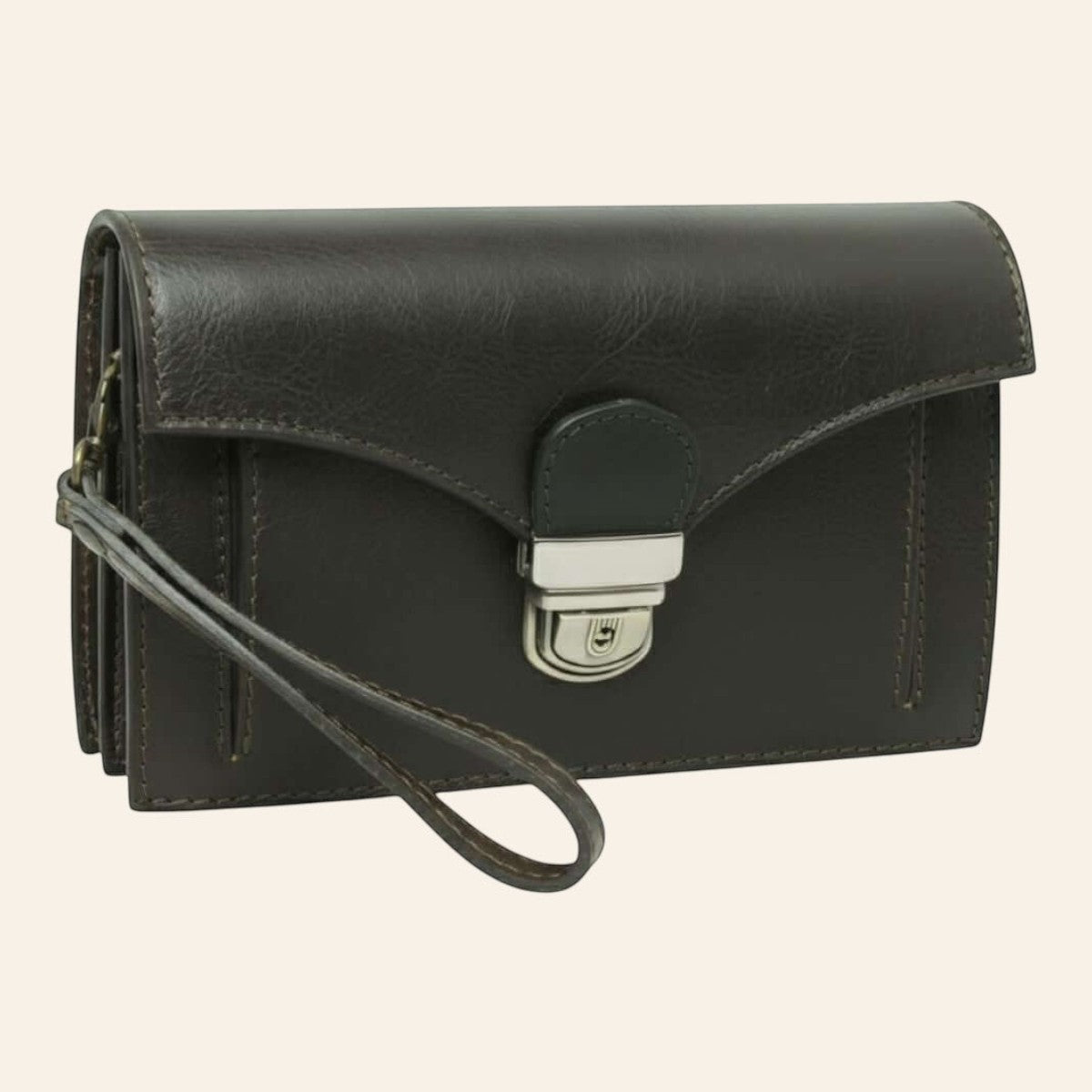 Clutch Vetrina Fiorentina in pelle pieno fiore nera con chiusura a chiave e cinturino da polso, design artigianale.