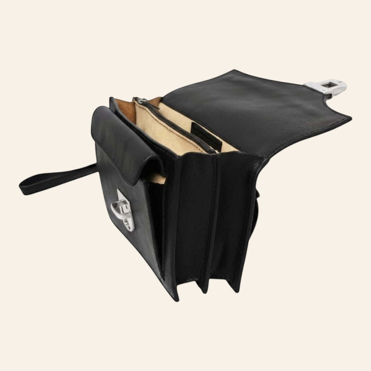 Clutch Vetrina Fiorentina in pelle pieno fiore nera con chiusura a chiave, scomparti interni e tracolla staccabile.