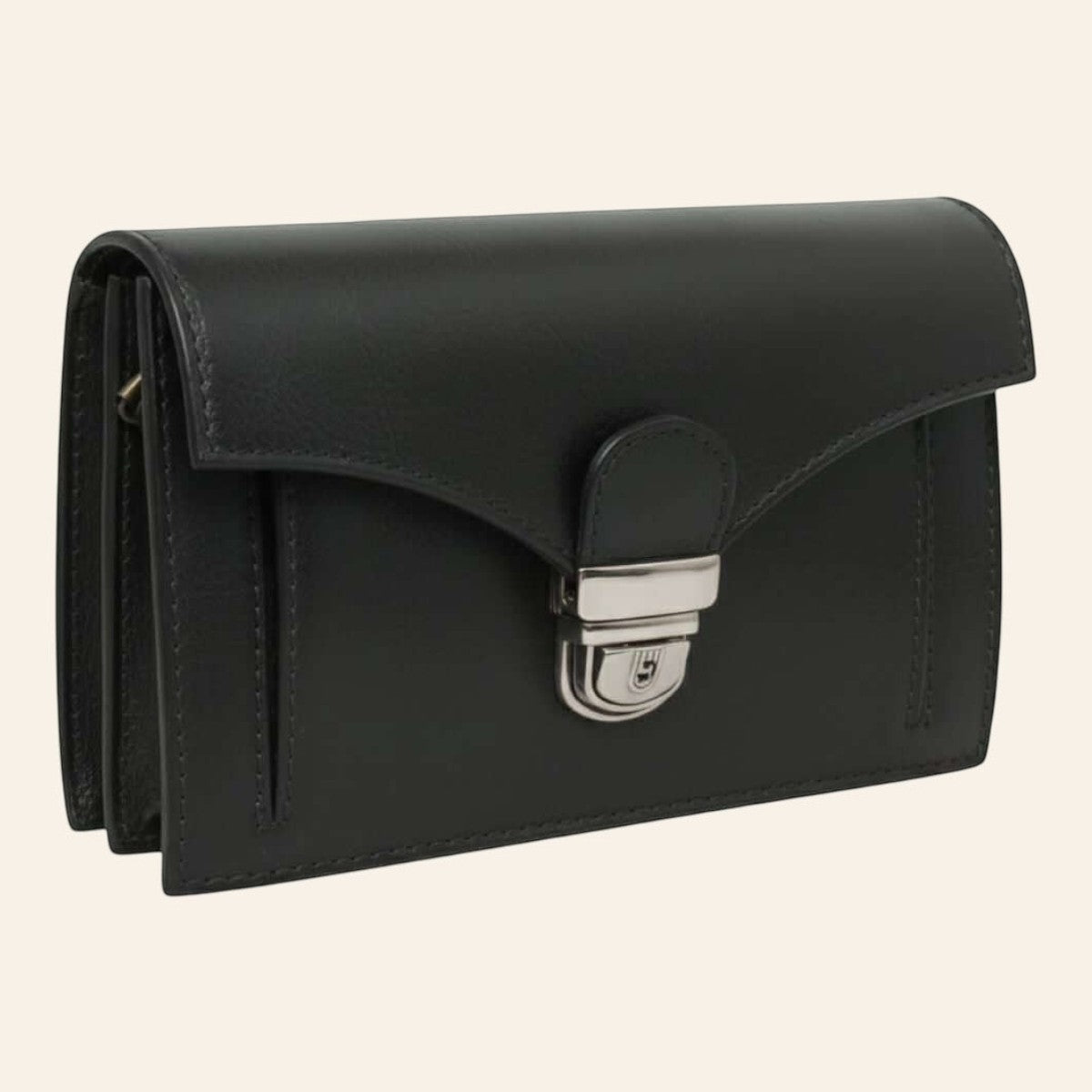 Clutch Vetrina Fiorentina in pelle pieno fiore nera con chiusura a chiave, design artigianale made in Italy