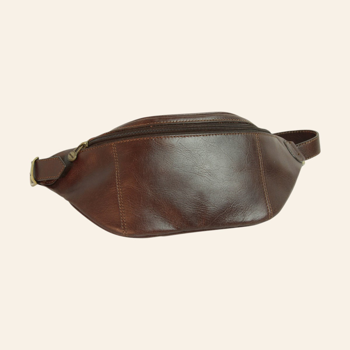 Vetrina Fiorentina Old Angler dark brown full-grain calf leather waist bag with adjustable strap and zip closure.