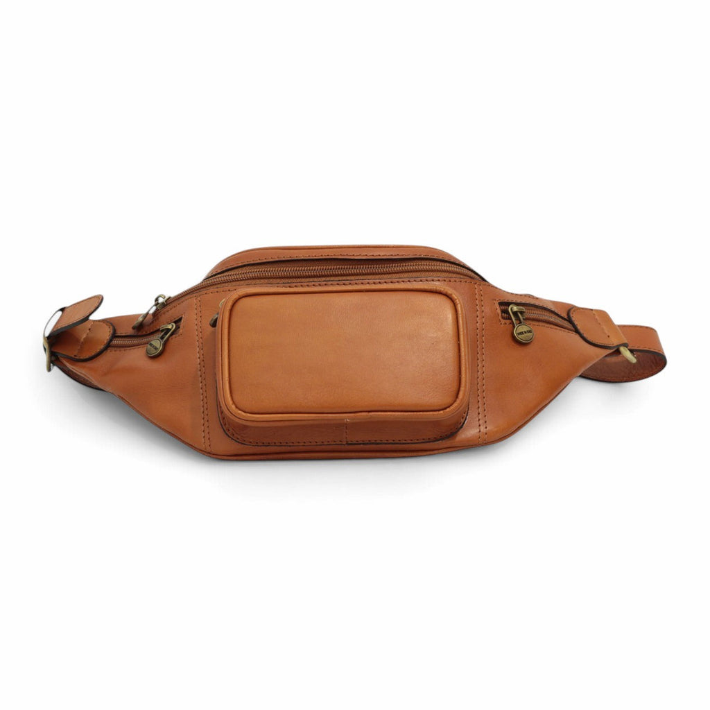 Marsupio Vetrina Fiorentina in pelle color coloniale con quattro tasche con zip e tracolla regolabile, Made in Italy