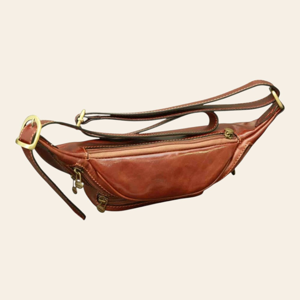 Marsupio Vetrina Fiorentina da uomo in pelle artigianale marrone con tracolla regolabile e tasche con zip
