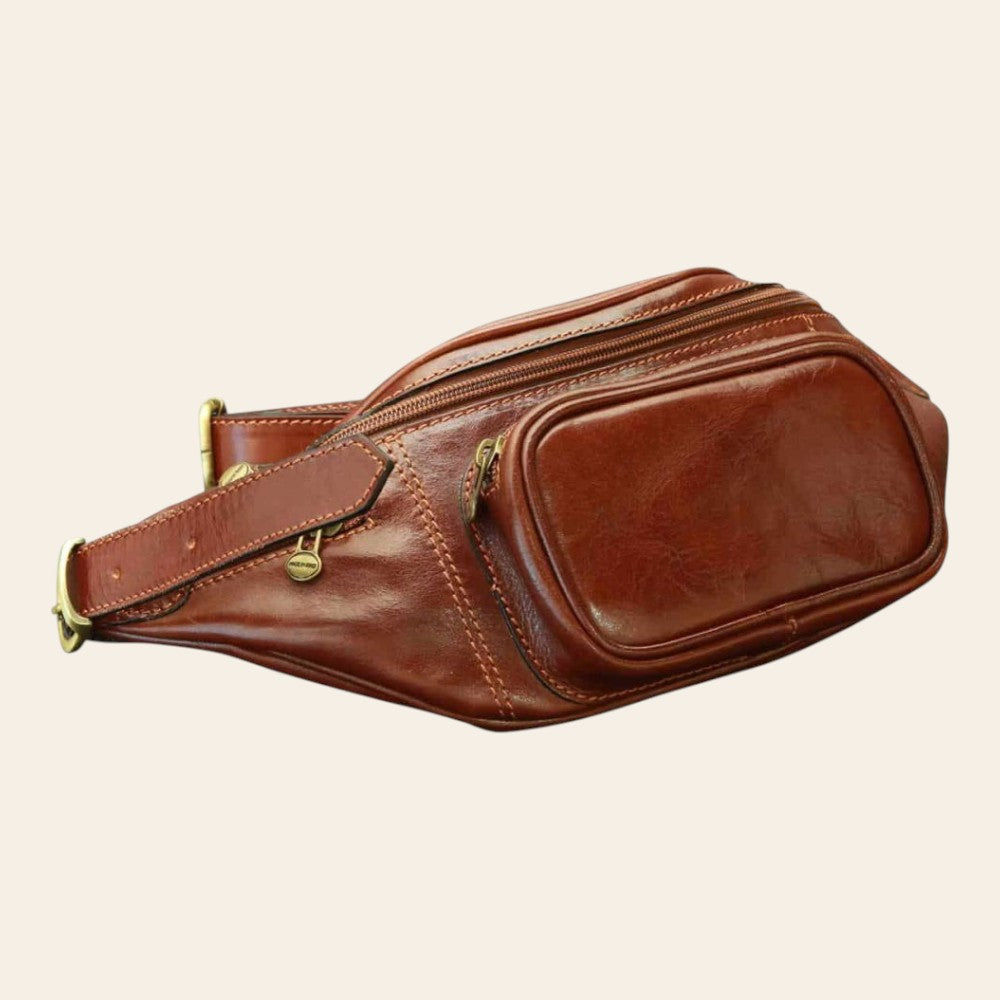 Marsupio uomo Vetrina Fiorentina in pelle artigianale marrone con tasche con zip e tracolla regolabile