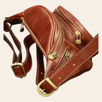 Marsupio Vetrina Fiorentina in pelle marrone artigianale con tasche multiple e tracolla regolabile