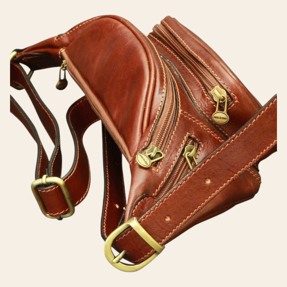 Marsupio Vetrina Fiorentina in pelle marrone artigianale con tasche multiple e tracolla regolabile
