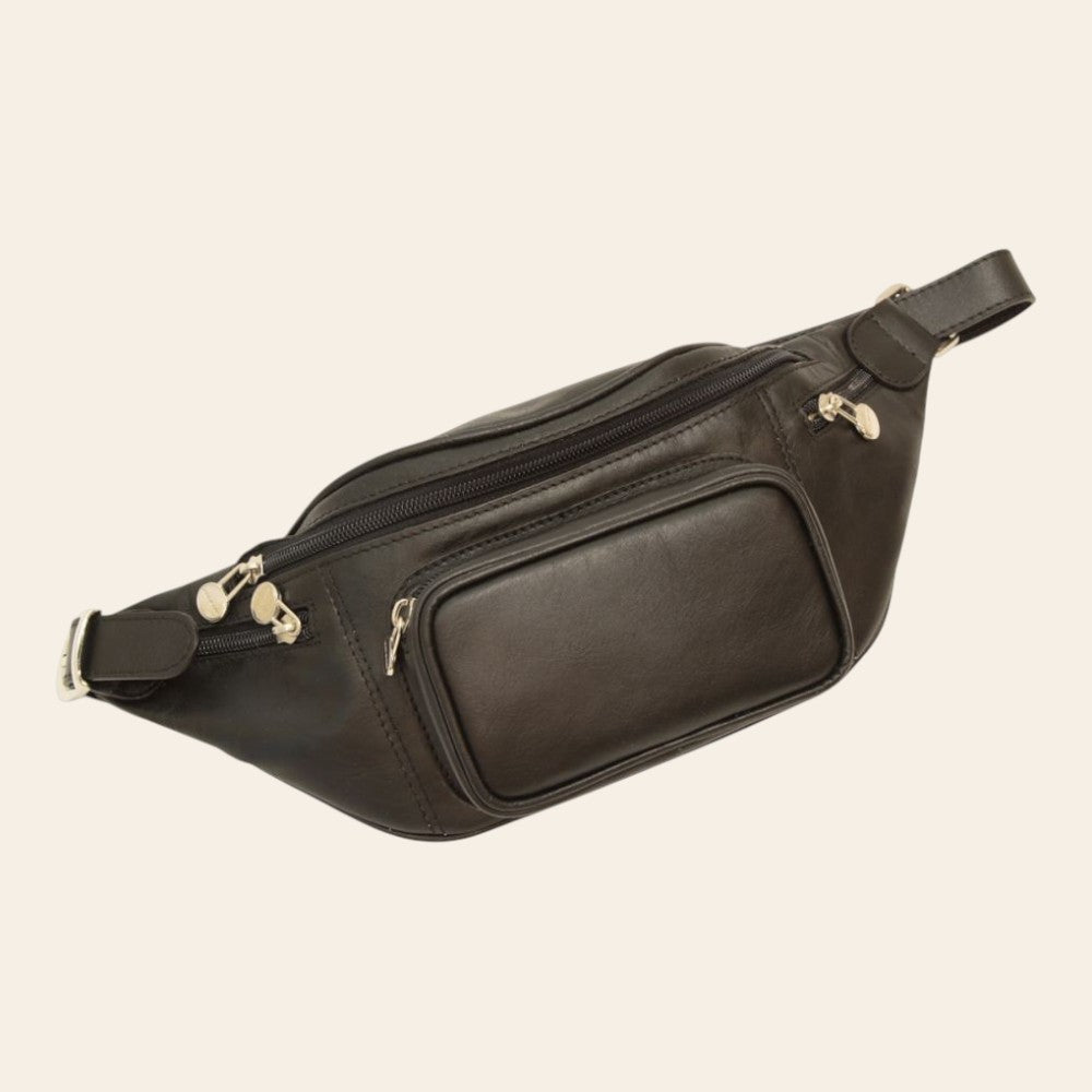 Marsupio uomo Vetrina Fiorentina in pelle nera artigianale con quattro tasche con zip e tracolla regolabile