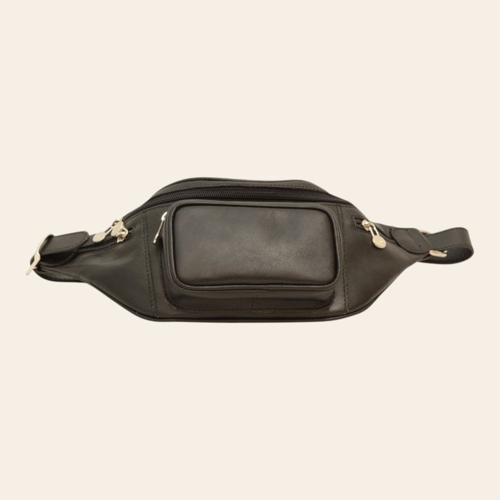 Marsupio Vetrina Fiorentina da uomo in pelle nera artigianale con quattro tasche con zip e tracolla regolabile
