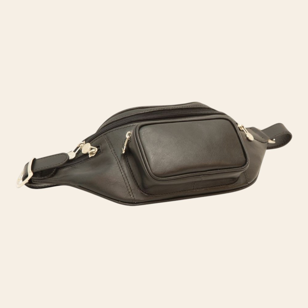 Marsupio uomo Vetrina Fiorentina in pelle nera artigianale con quattro tasche con zip e tracolla regolabile