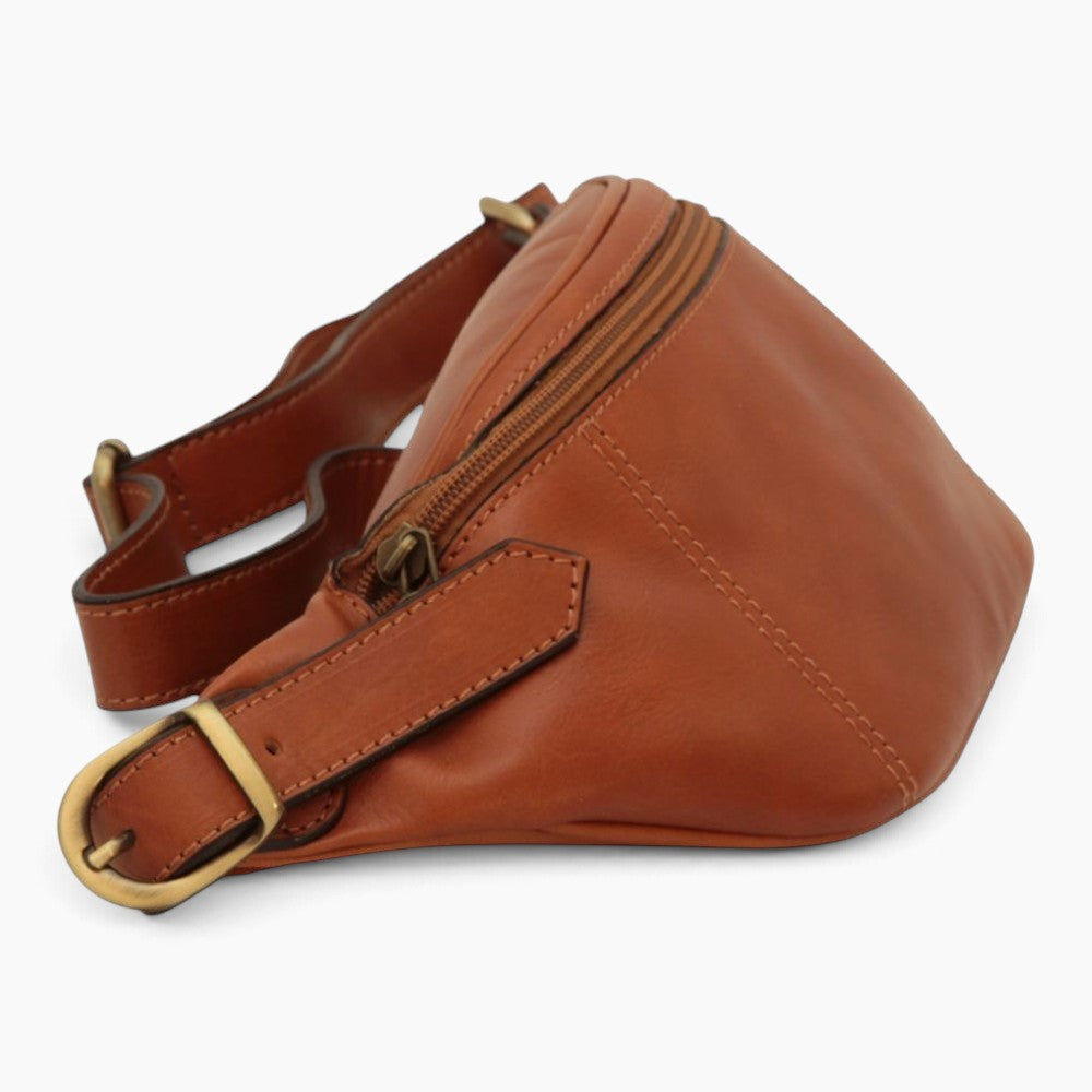 Marsupio Vetrina Fiorentina in pelle di vitello pieno fiore color coloniale con chiusura a zip e cintura regolabile