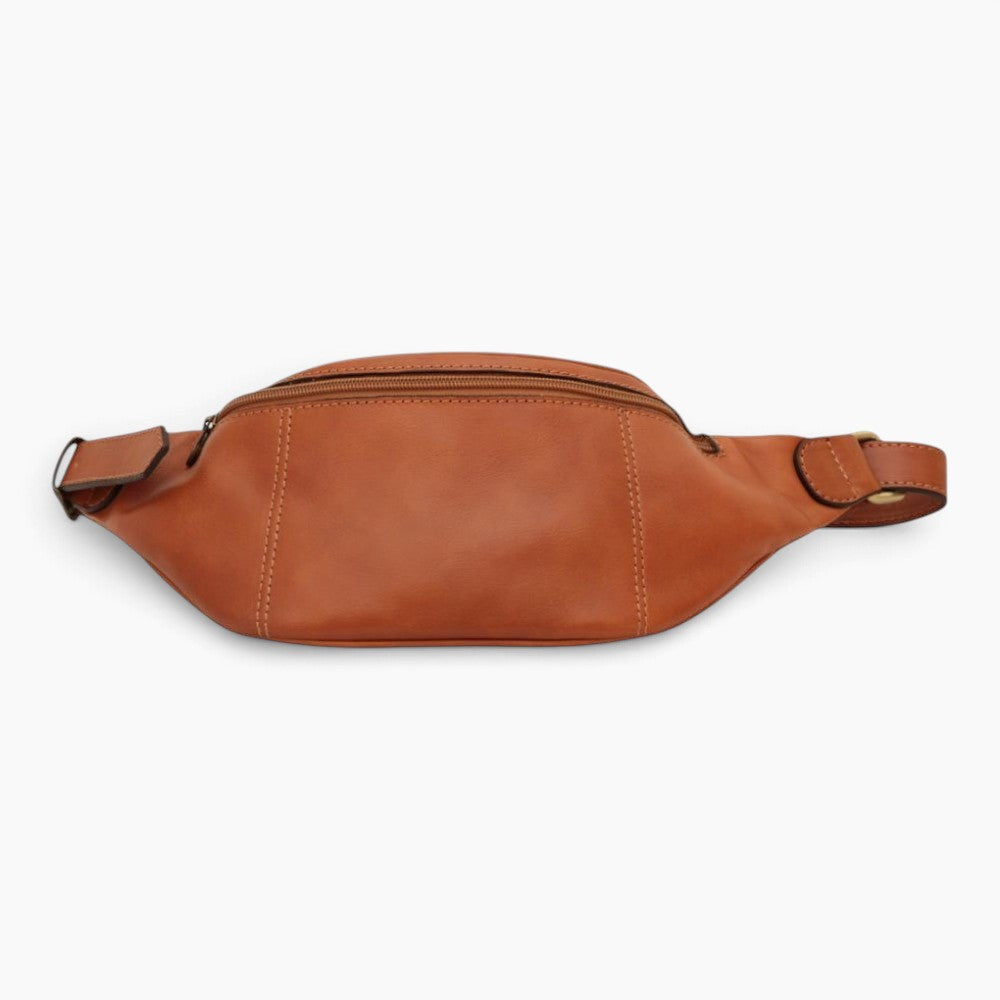 Marsupio Vetrina Fiorentina in pelle di vitello pieno fiore color coloniale con chiusura a zip e cintura regolabile