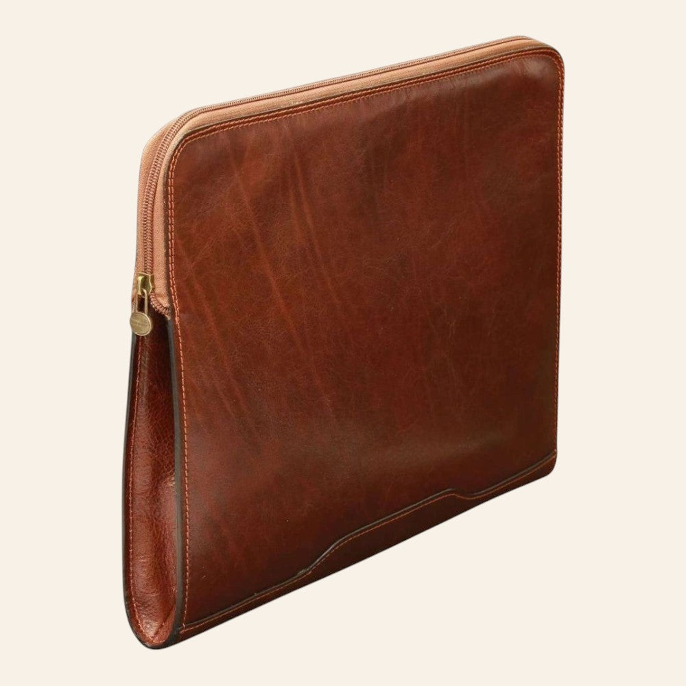 Porta documenti Vetrina Fiorentina in pelle di vitello marrone con chiusura a zip e tasca interna, stile artigianale