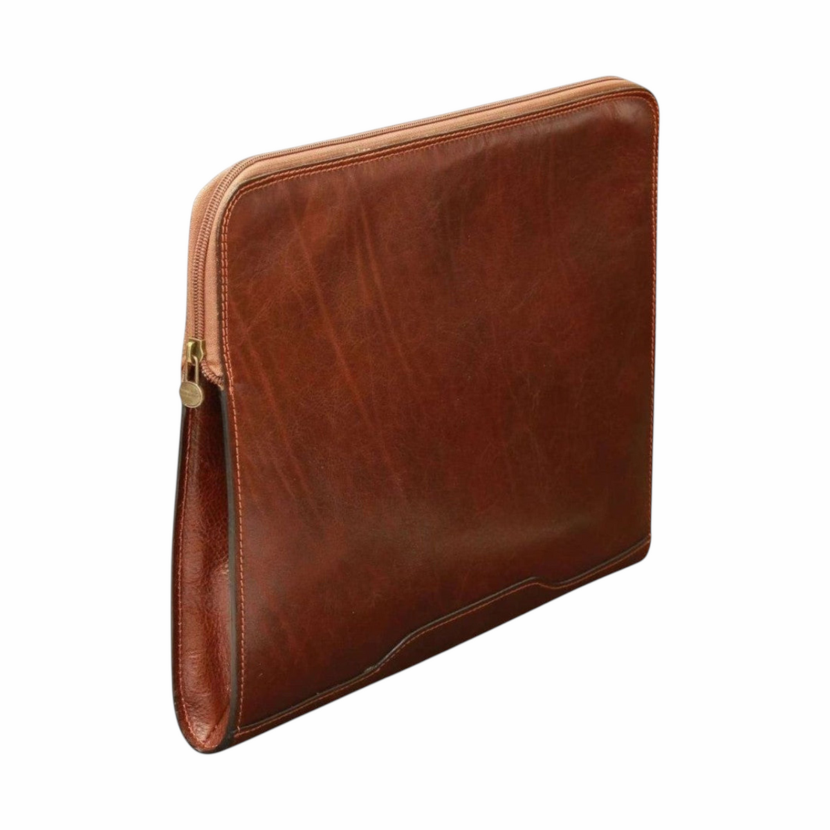 Porta documenti Vetrina Fiorentina in pelle di vitello marrone con chiusura a zip e tasca interna, stile artigianale