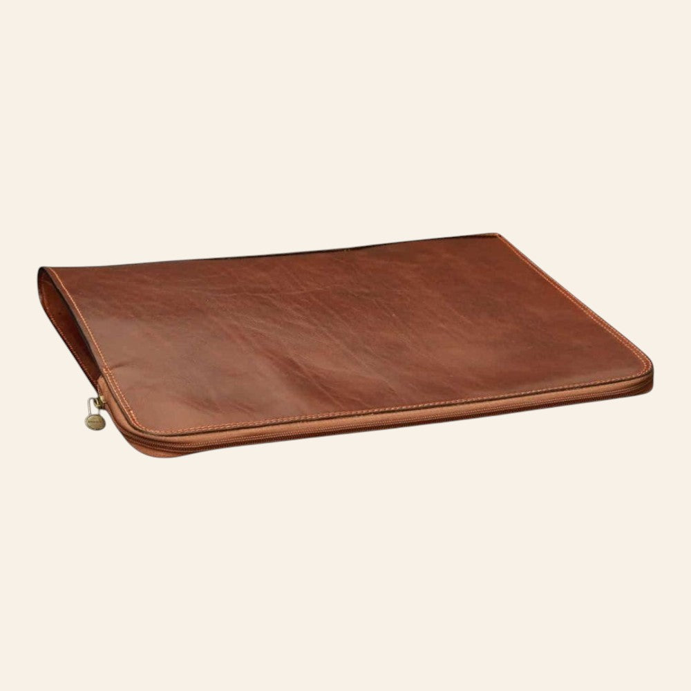 Porta documenti Vetrina Fiorentina in pelle di vitello marrone con chiusura a cerniera, design artigianale italiano