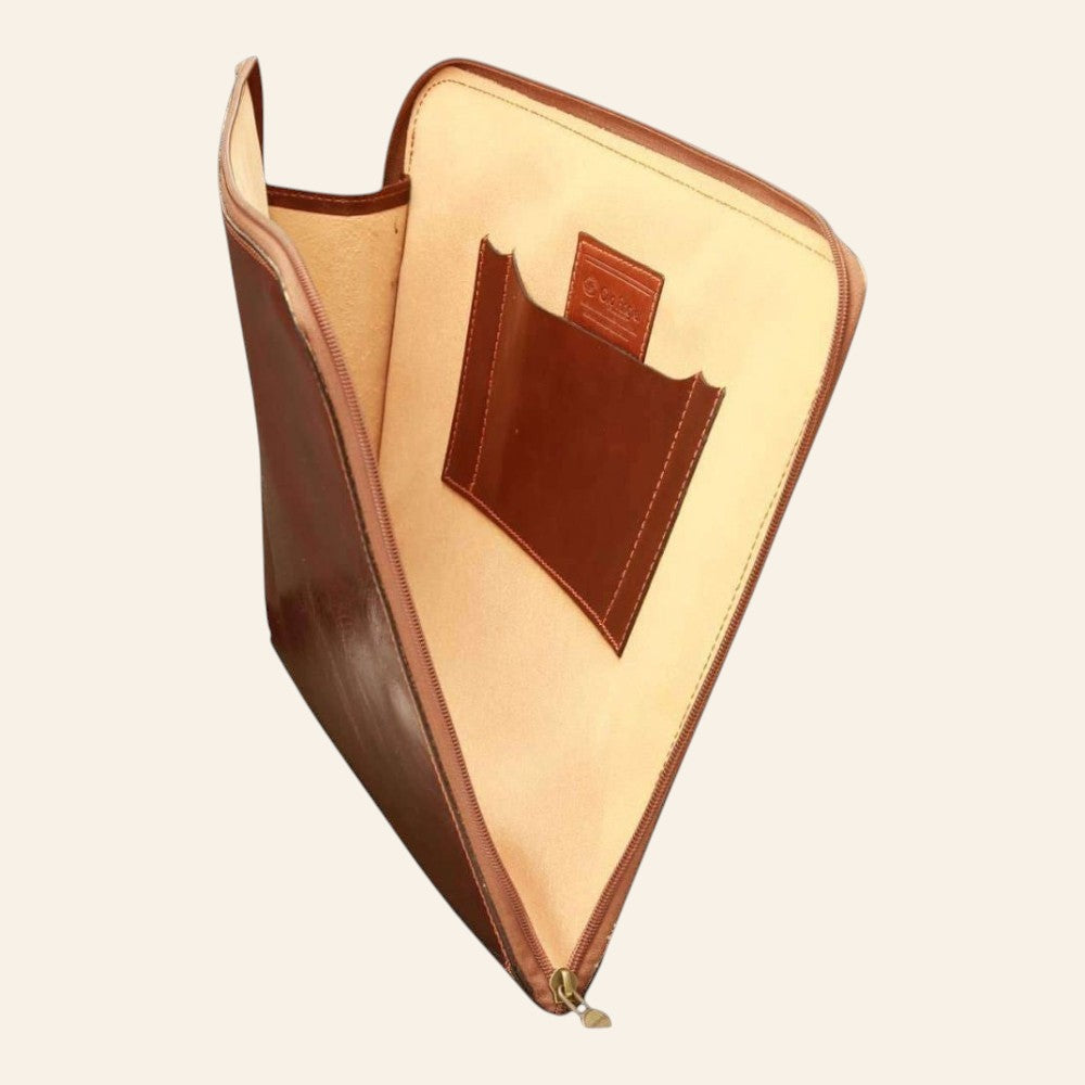 Porta documenti Vetrina Fiorentina in pelle di vitello marrone con cerniera e tasca interna, artigianale Made in Italy
