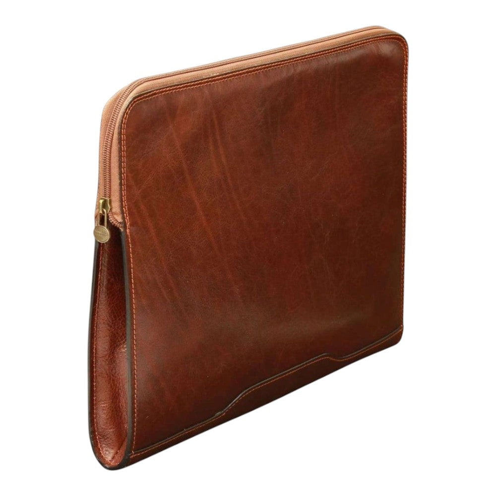 Porta documenti Vetrina Fiorentina in pelle di vitello marrone pieno fiore con chiusura a zip, design artigianale