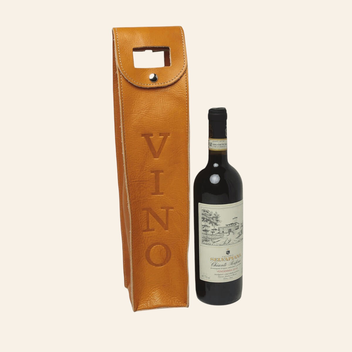 Porta vino Vetrina Fiorentina in pelle di vitello ocra con scritta VINO incisa e maniglia superiore