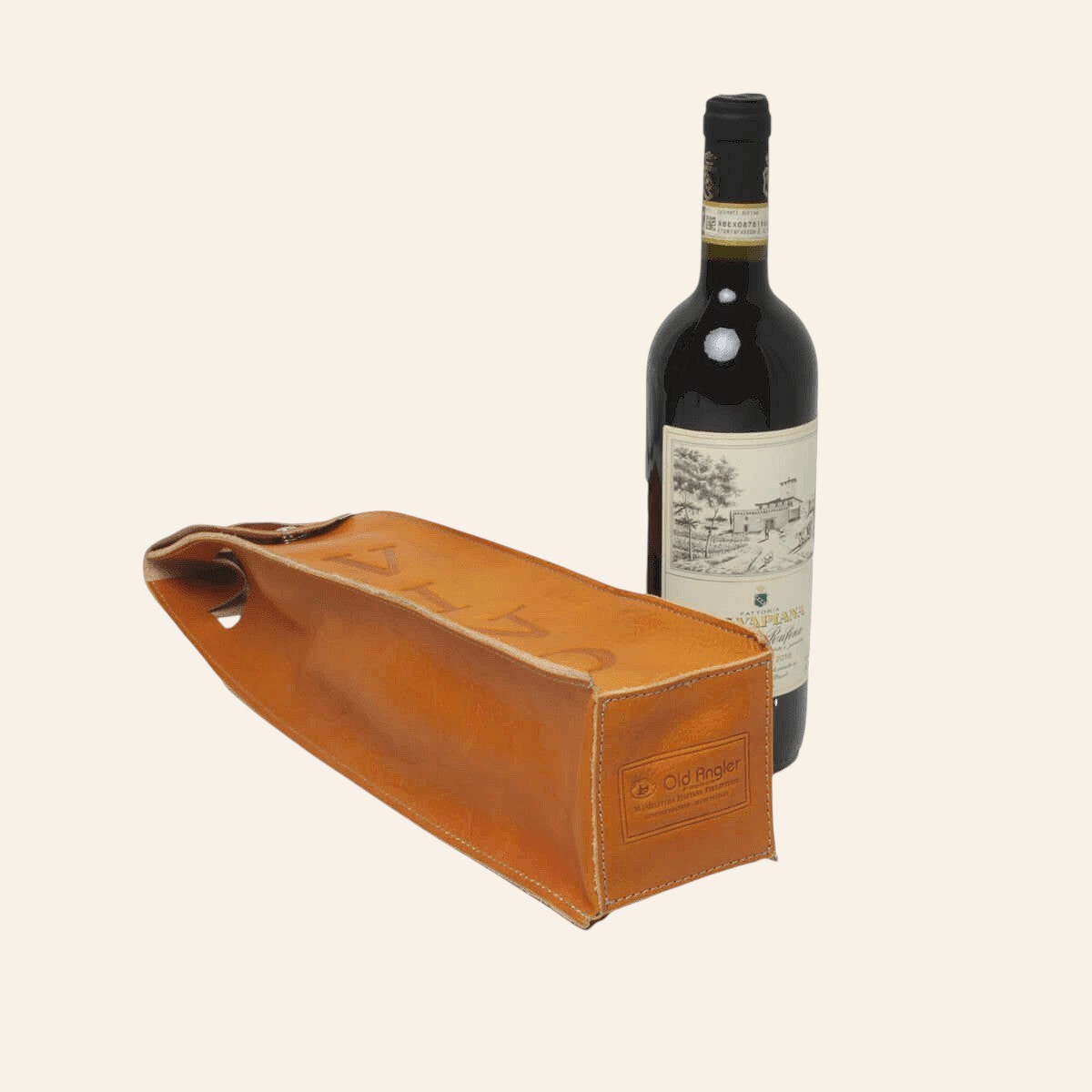 Porta vino Vetrina Fiorentina in pelle di vitello ocra con cuciture a vista e maniglia integrata