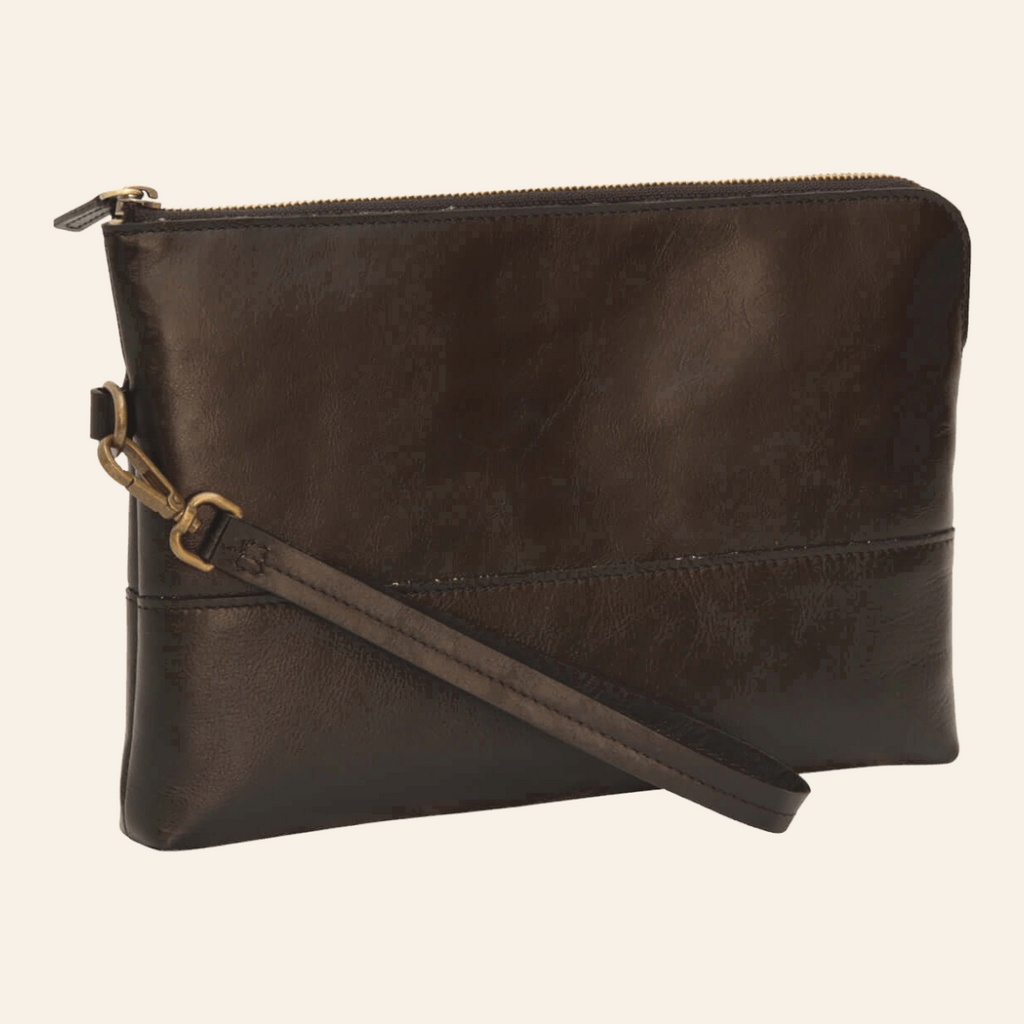 Portadocumenti Vetrina Fiorentina in pelle di vitello pieno fiore nera con laccio e moschettone, 30x20 cm