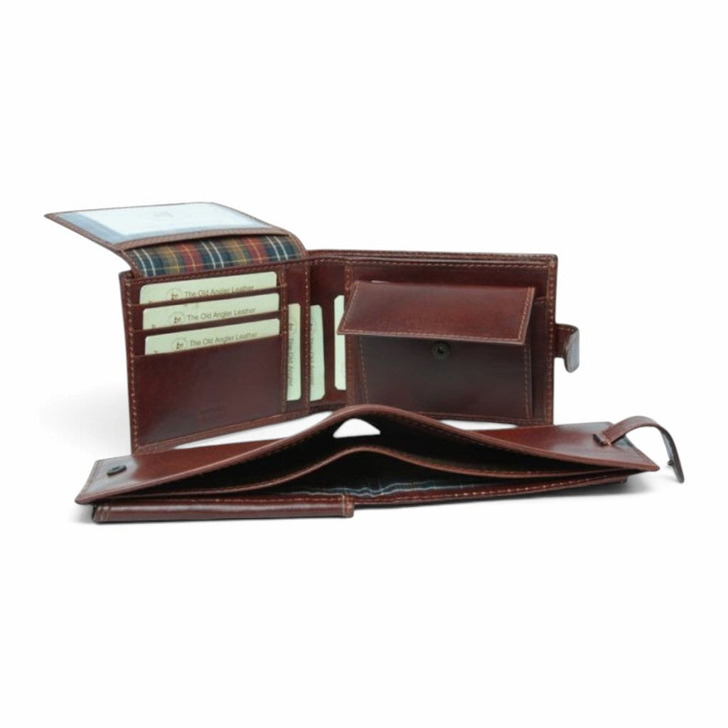 Portafoglio bifold Vetrina Fiorentina in pelle di vitello marrone con portamonete, scomparti per carte e protezione RFID