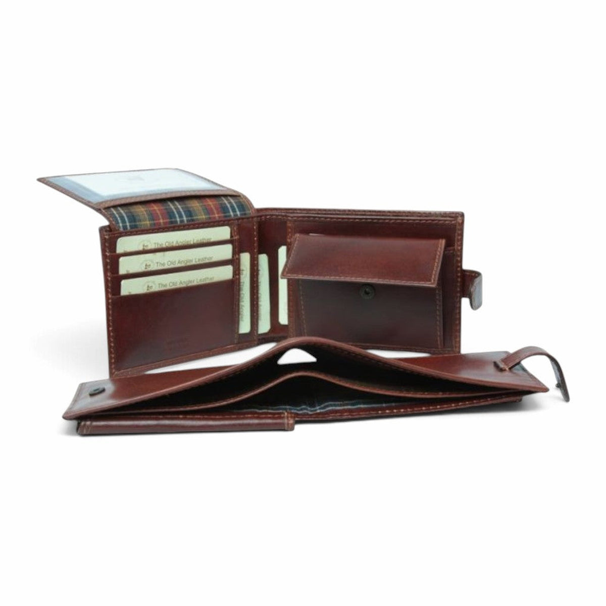 Portafoglio bifold Vetrina Fiorentina in pelle di vitello marrone con portamonete, scomparti per carte e protezione RFID