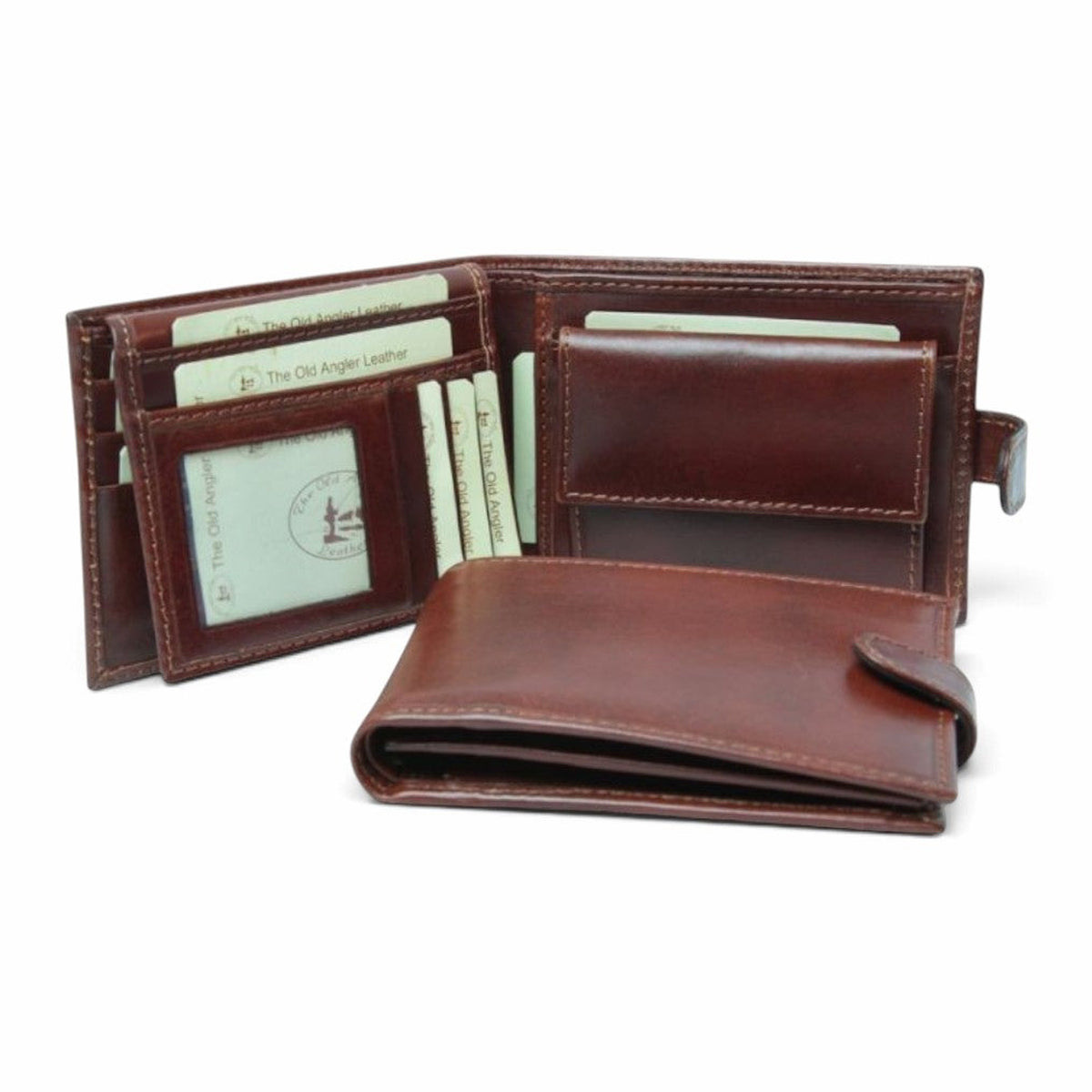 Portafoglio bifold Vetrina Fiorentina in pelle di vitello marrone con portamonete, scomparti per carte e protezione RFID