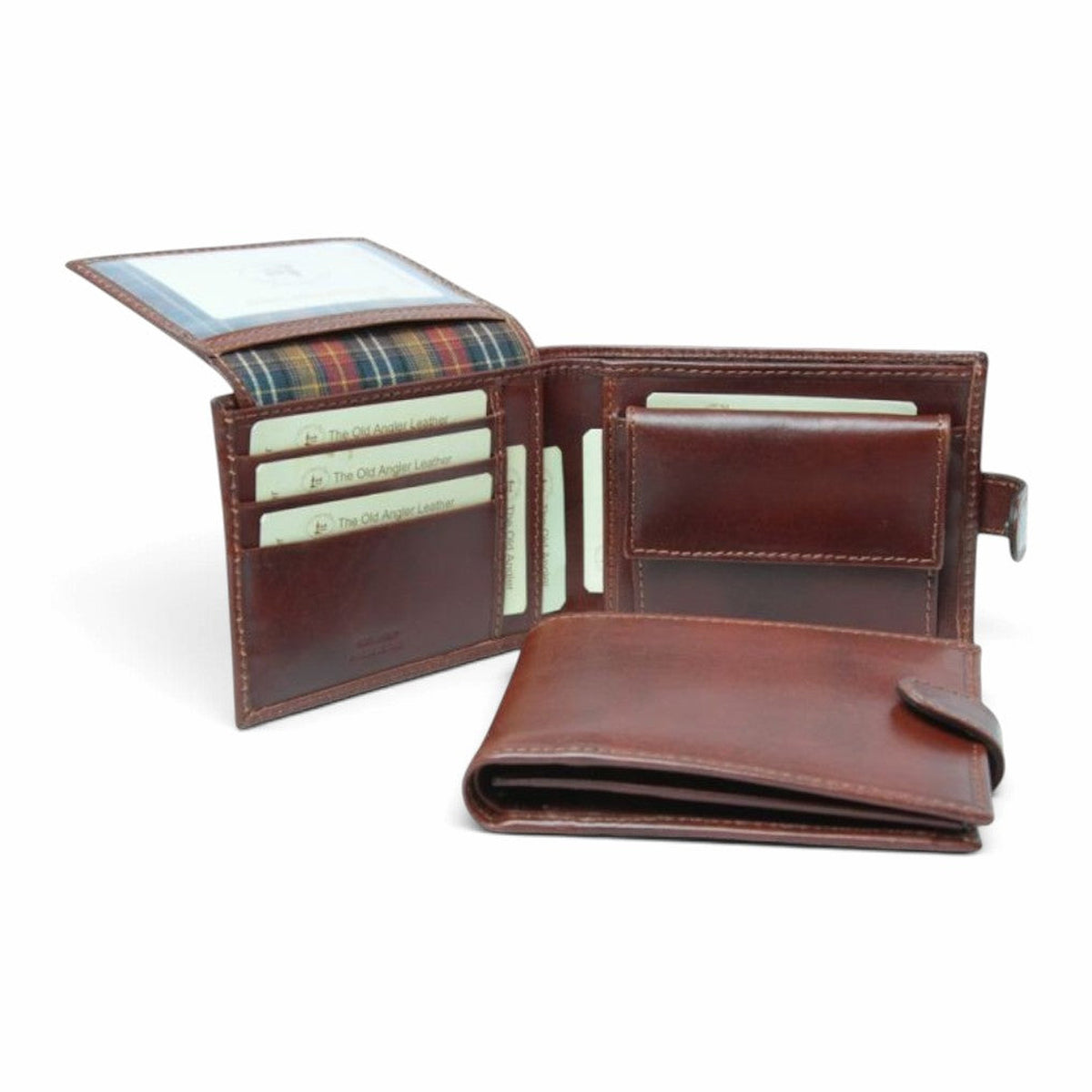 Portafoglio bifold Vetrina Fiorentina in pelle di vitello marrone con portamonete, scomparti per carte e protezione RFID