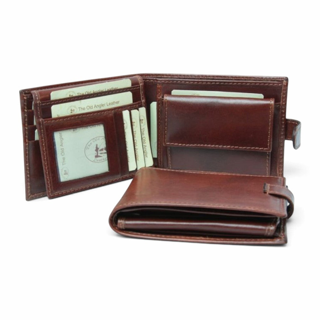 Portafoglio bifold Vetrina Fiorentina in pelle di vitello marrone con portamonete, scomparti carte e protezione RFID