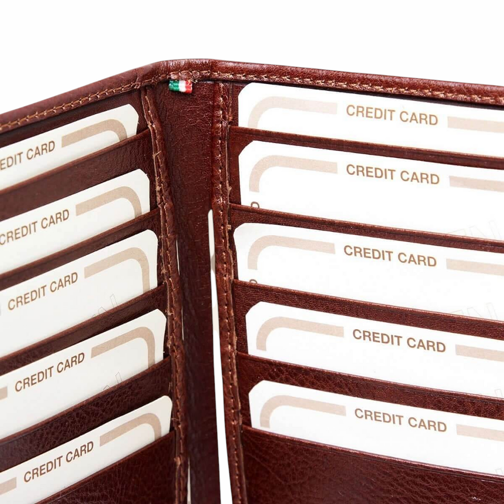 Portafoglio verticale Vetrina Fiorentina in pelle marrone pieno fiore con numerosi slot per carte di credito