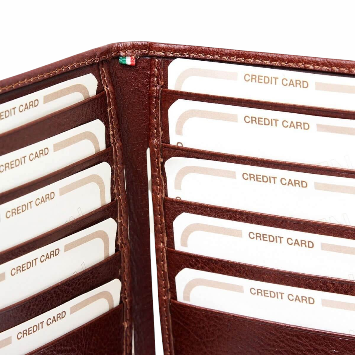 Portafoglio verticale Vetrina Fiorentina in pelle marrone pieno fiore con numerosi slot per carte di credito