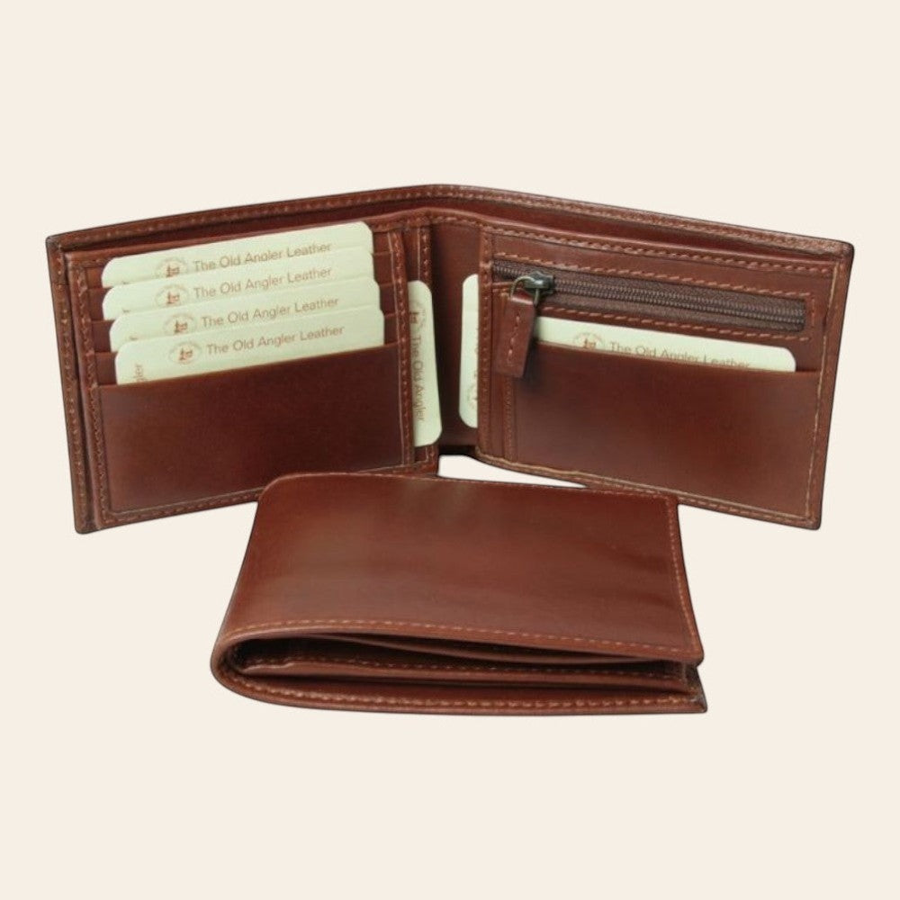 Portafoglio Vetrina Fiorentina in pelle marrone pieno fiore con protezione RFID, portamonete a zip e slot per carte.