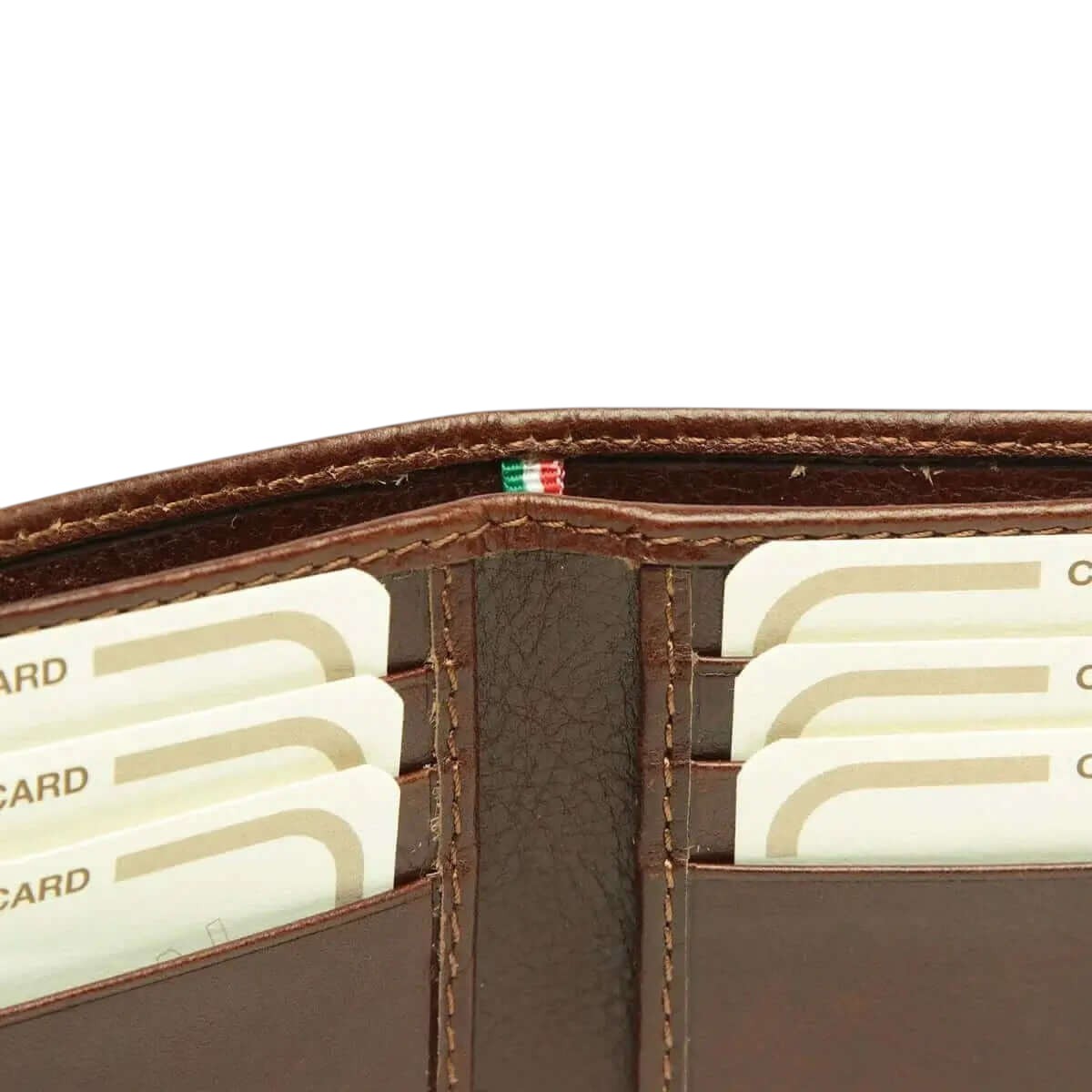 Portafoglio Vetrina Fiorentina in pelle marrone con scomparti per carte e dettaglio tricolore italiano