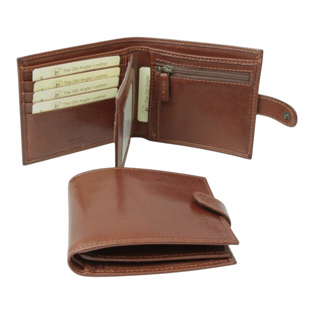Portafoglio Vetrina Fiorentina in pelle marrone con chiusura a bottone, scomparti per carte e tasca interna con zip.