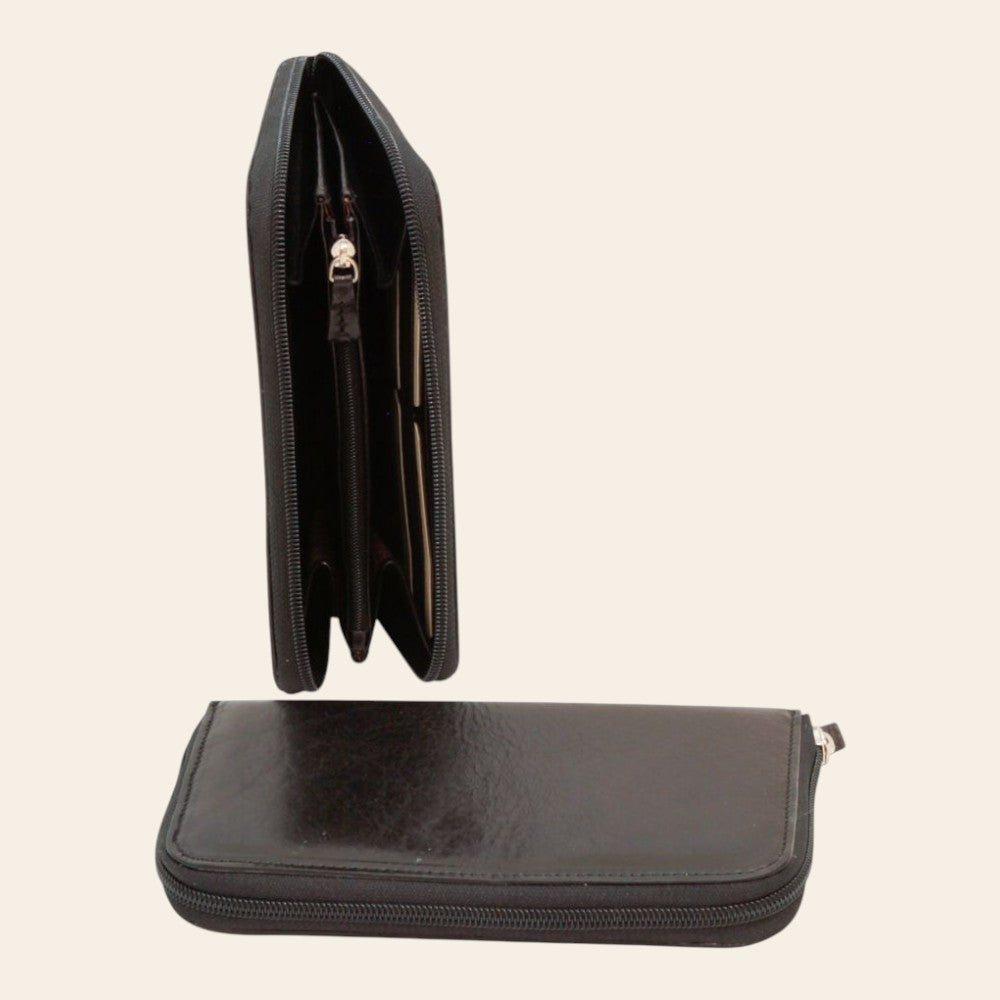 Portafoglio Vetrina Fiorentina in pelle nera pieno fiore con cerniera, porta monete e protezione RFID.